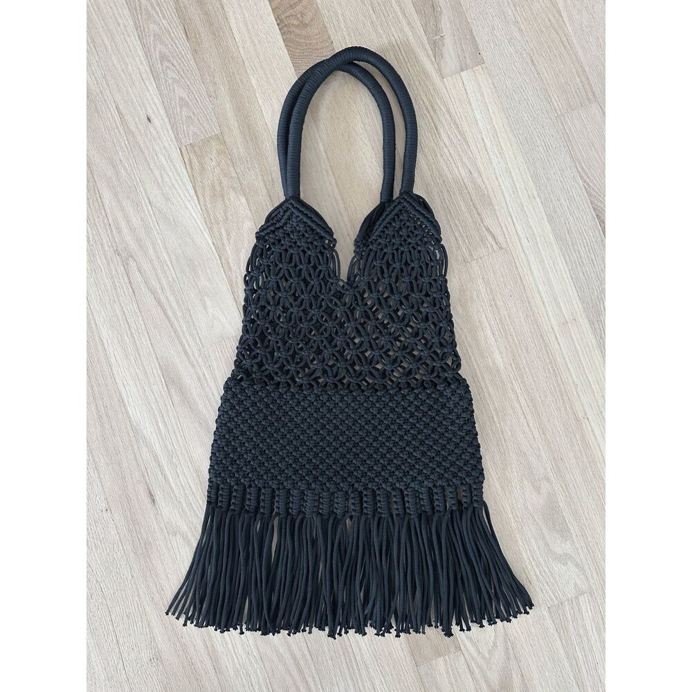 NWOT Black Macrame Fringe Tote Bag Boho Crochet Knit Shoulder Bag Festival Style